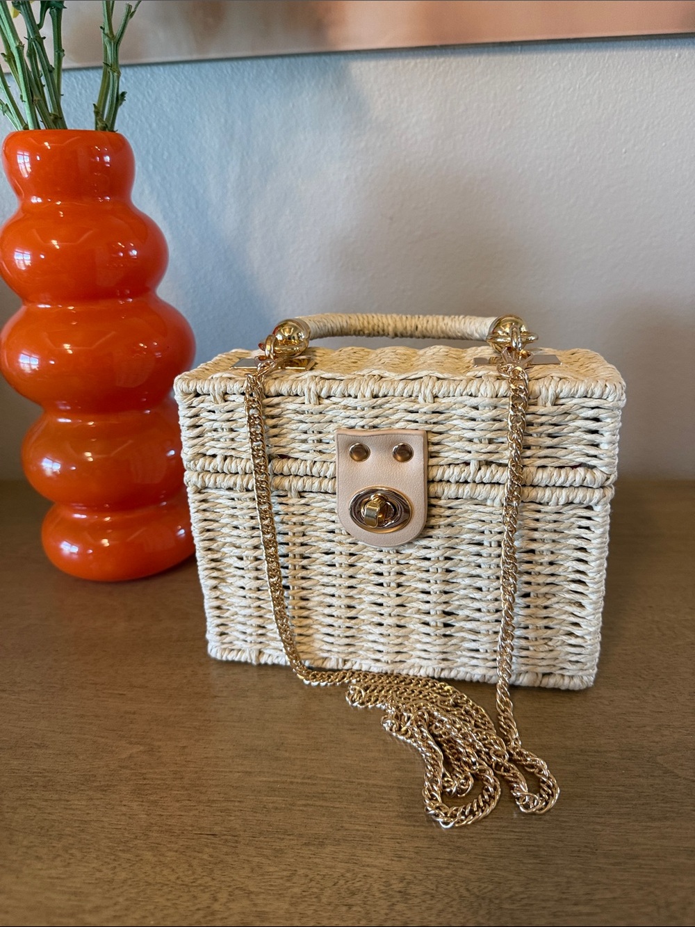 Cream Woven Straw Box Bag Floral Lining | Rattan Basket Crossbody Purse